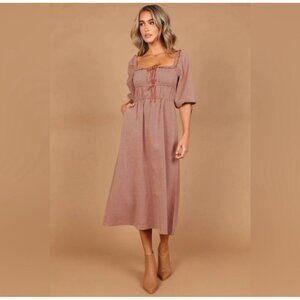 Petal and Pup size L NWT Georgette Puff Sleeve Midi Dress - Brown Check #817-25
